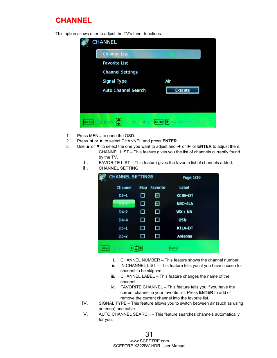 Channel | Sceptre H322BV-HDR User Manual | Page 31 / 52