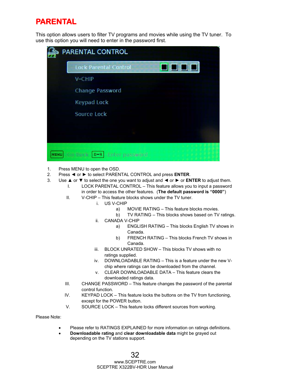 Parental | Sceptre H322BV-HDR User Manual | Page 32 / 52