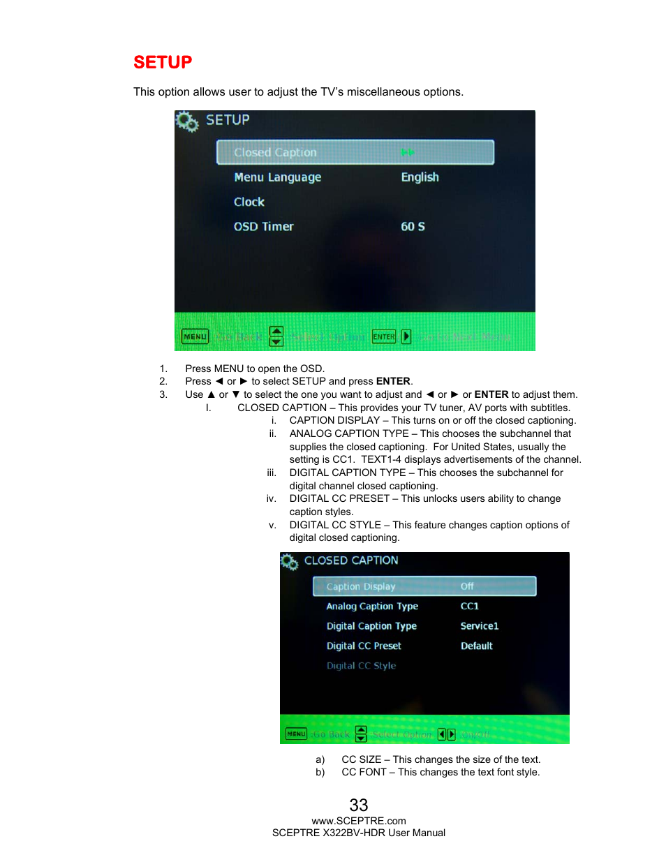 Setup | Sceptre H322BV-HDR User Manual | Page 33 / 52