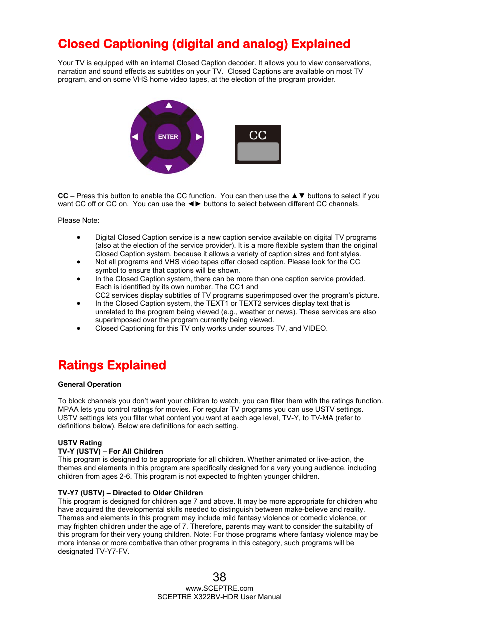 Closed captioning (digital and analog) explained, Ratings explained | Sceptre H322BV-HDR User Manual | Page 38 / 52