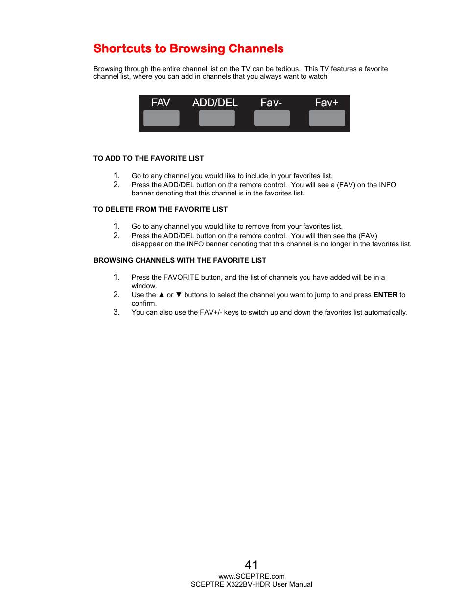 Shortcuts to browsing channels | Sceptre H322BV-HDR User Manual | Page 41 / 52