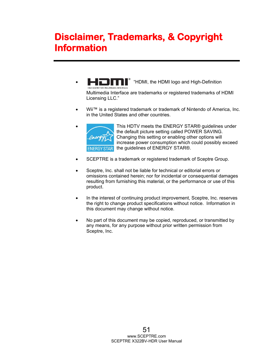 Disclaimer, trademarks, & copyright information | Sceptre H322BV-HDR User Manual | Page 51 / 52