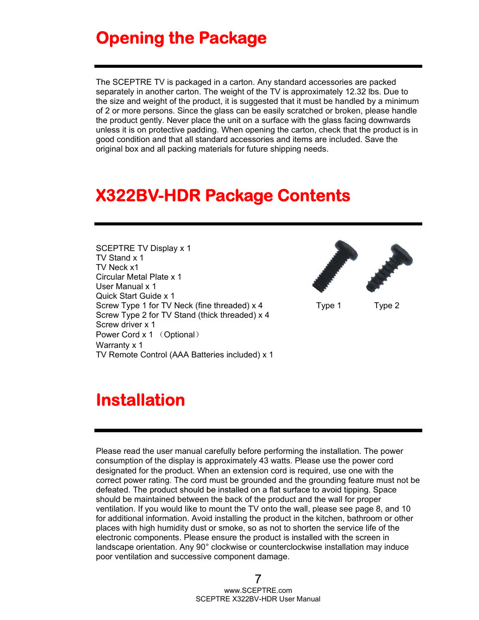 Opening the package, X322bv-hdr package contents, Installation | Sceptre H322BV-HDR User Manual | Page 7 / 52
