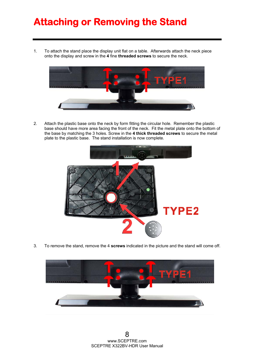 Attaching or removing the stand | Sceptre H322BV-HDR User Manual | Page 8 / 52