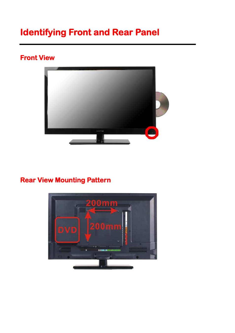Identifying front and rear panel, Front view, Rear view mounting pattern | Sceptre E325BD-HDC User Manual | Page 10 / 59