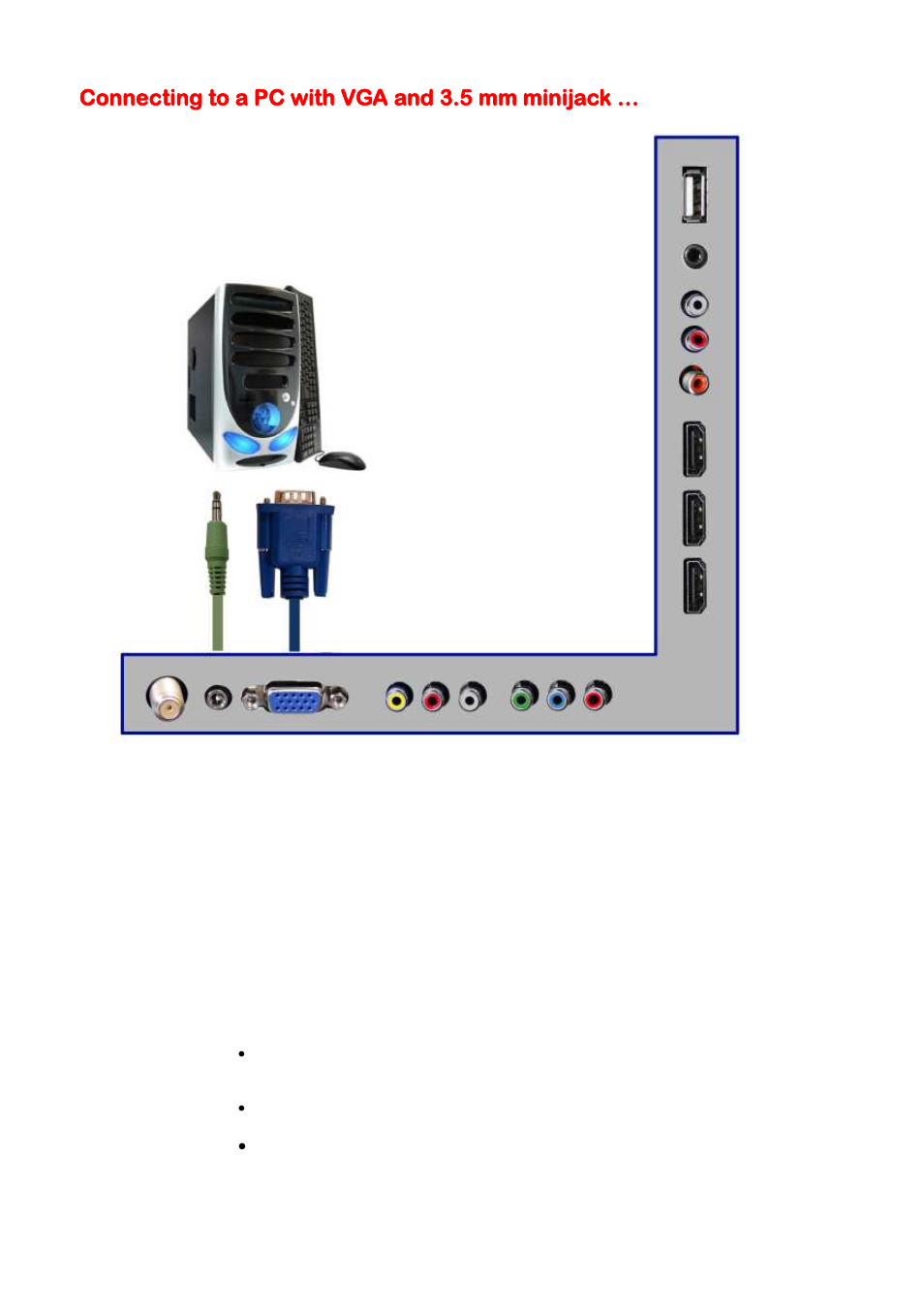 Connecting to a pc with vga and 3.5 mm minijack | Sceptre E325BD-HDC User Manual | Page 22 / 59