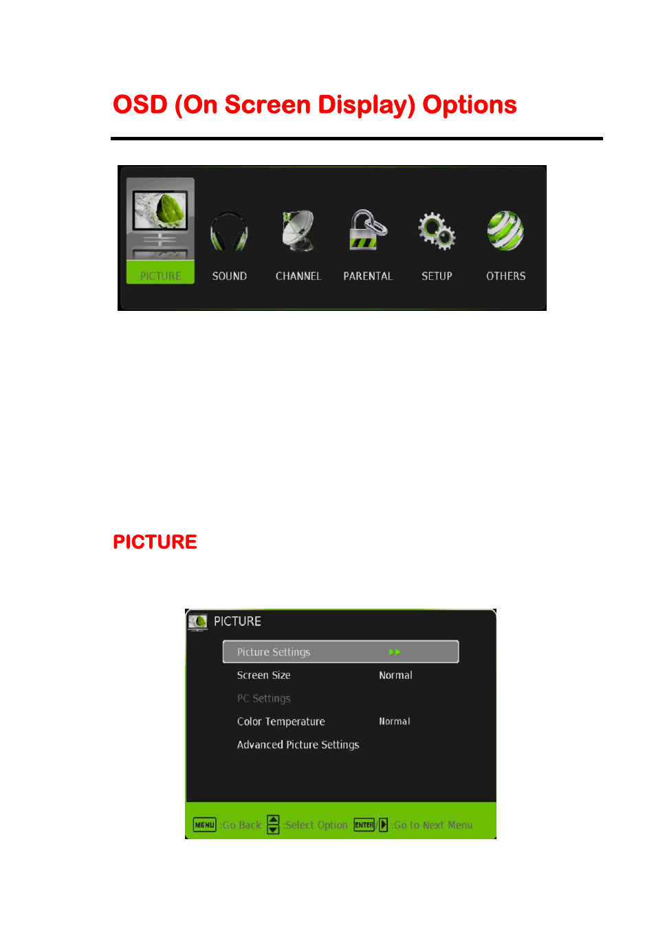 Osd (on screen display) options, Picture | Sceptre E325BD-HDC User Manual | Page 27 / 59