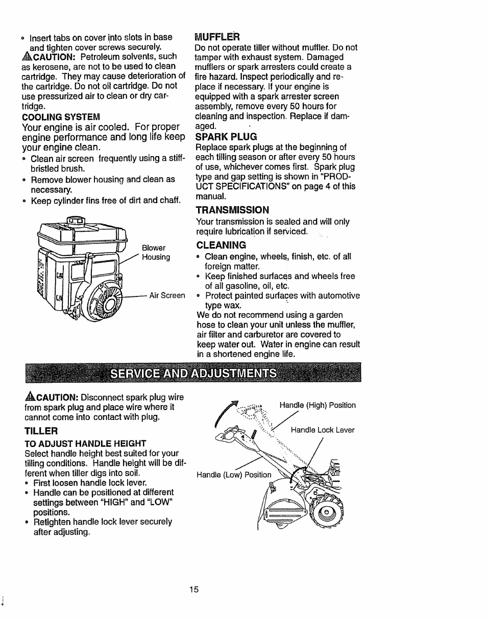 Muffler, Spark plug, Transmission | Cleaning, Tiller | Craftsman 917.293300 User Manual | Page 15 / 36