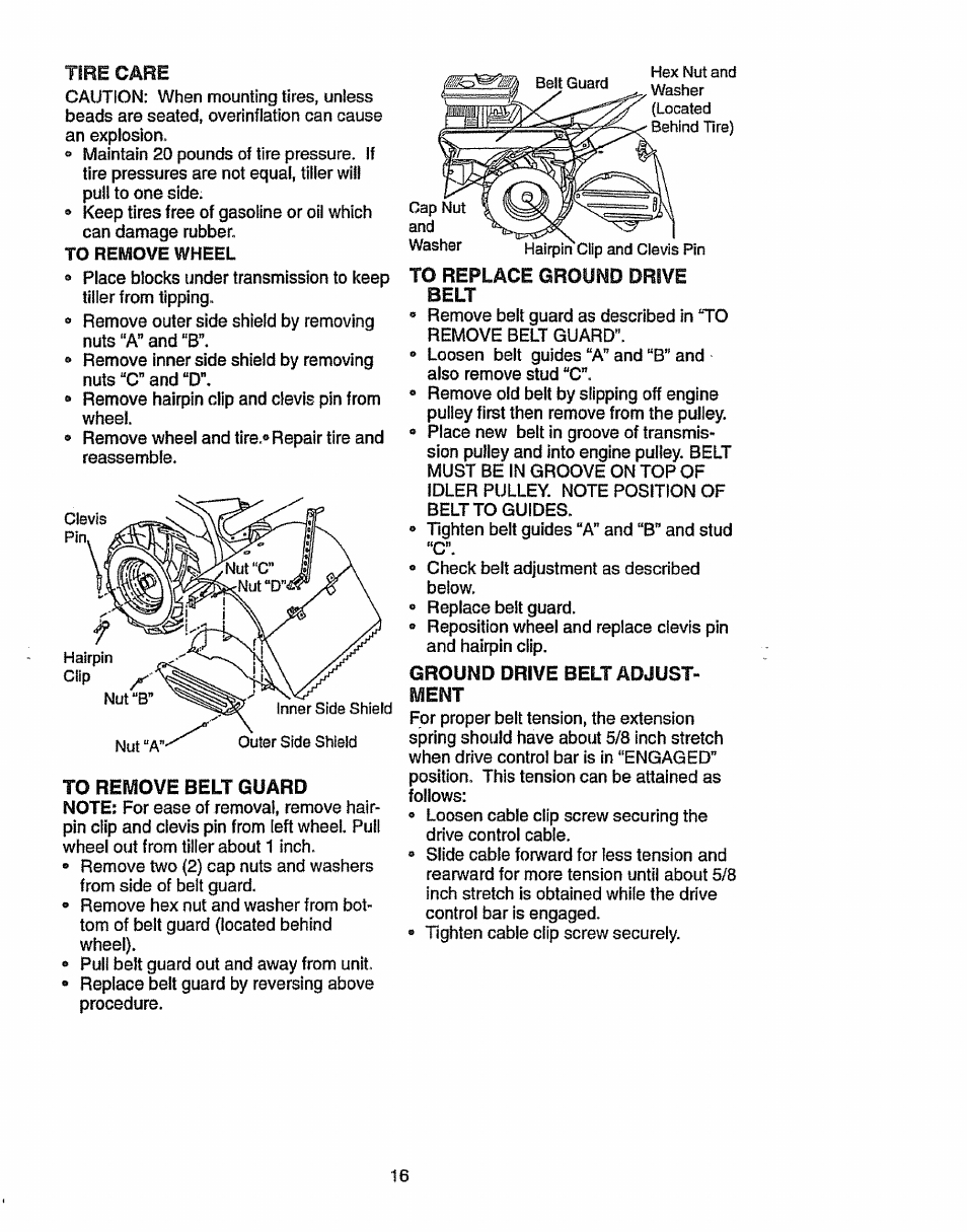 To replace ground drive belt, Ground drive belt adjustment | Craftsman 917.293300 User Manual | Page 16 / 36