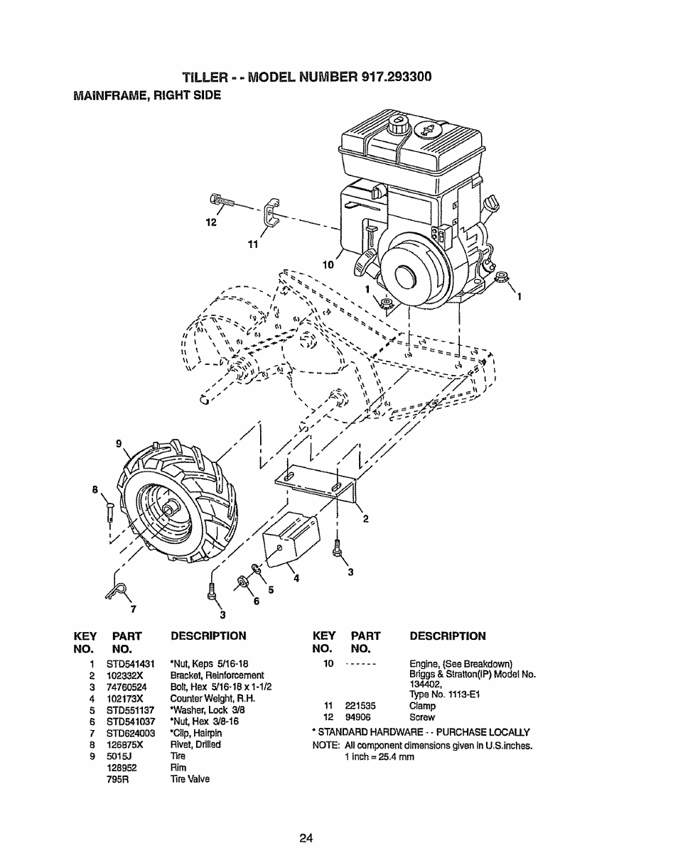 Tiller, Mainframe, right side, Vxt-v | Craftsman 917.293300 User Manual | Page 24 / 36