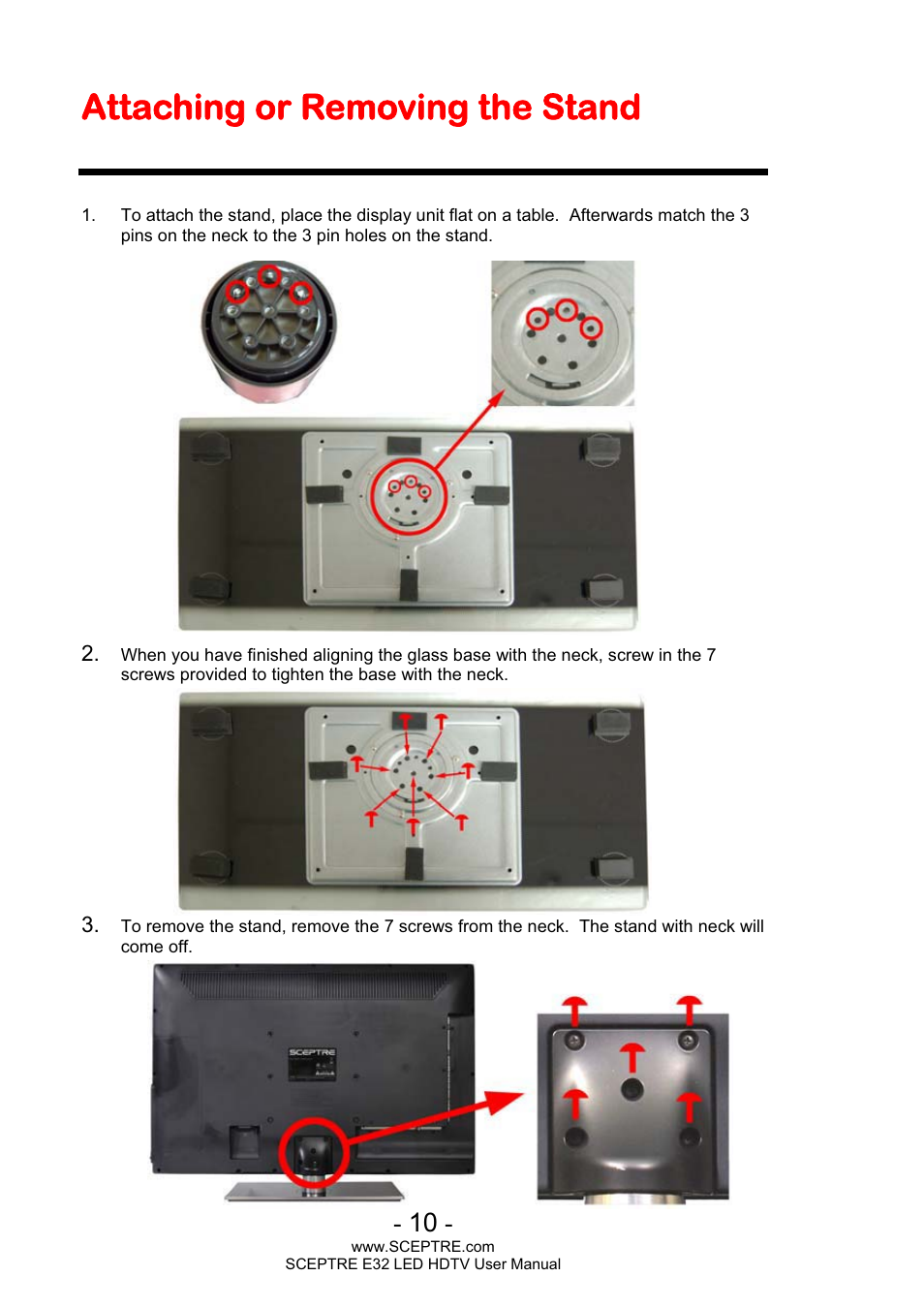 Attaching or removing the stand | Sceptre E320BV-FHDD User Manual | Page 10 / 55
