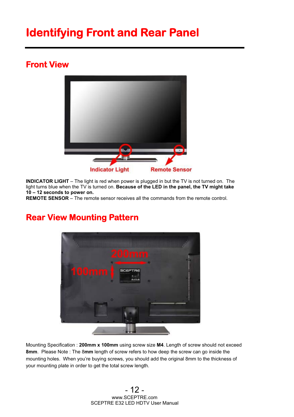 Identifying front and rear panel, Front view, Rear view mounting pattern | Sceptre E320BV-FHDD User Manual | Page 12 / 55