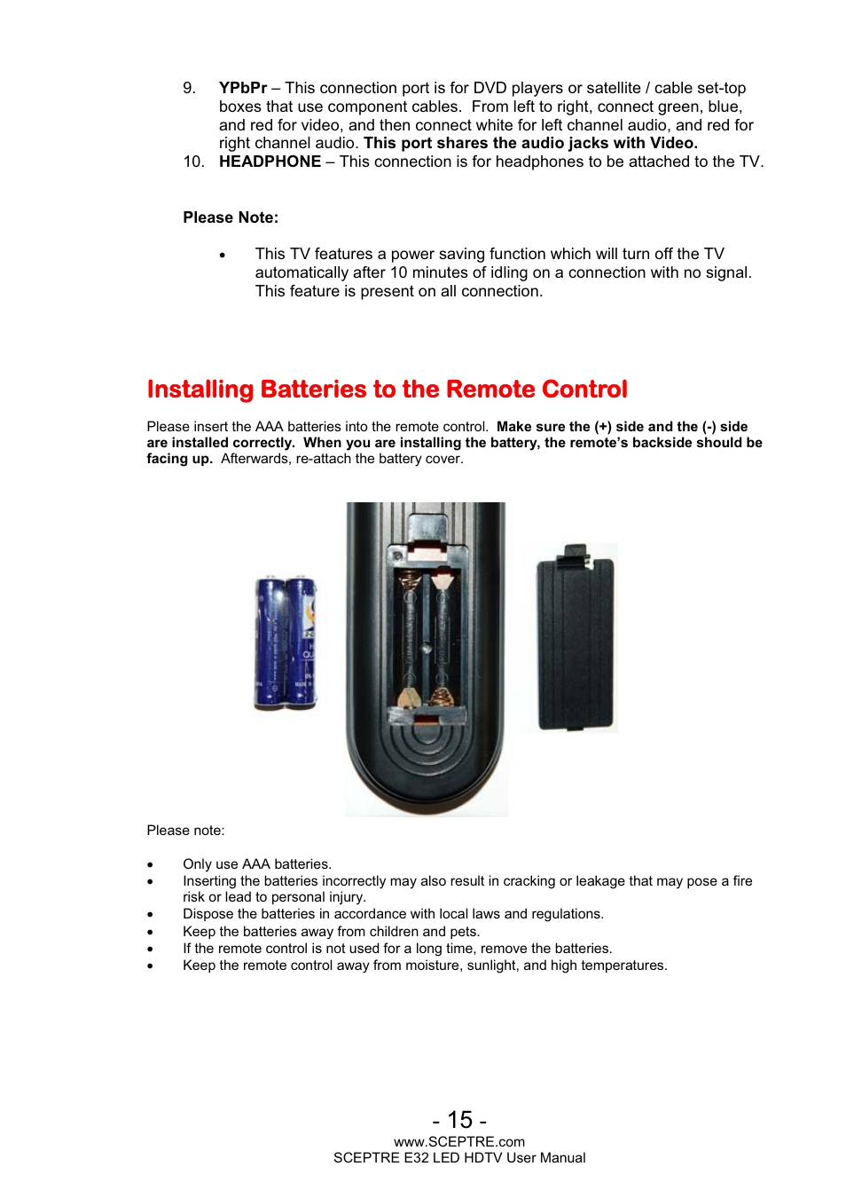 Installing batteries to the remote control | Sceptre E320BV-FHDD User Manual | Page 15 / 55