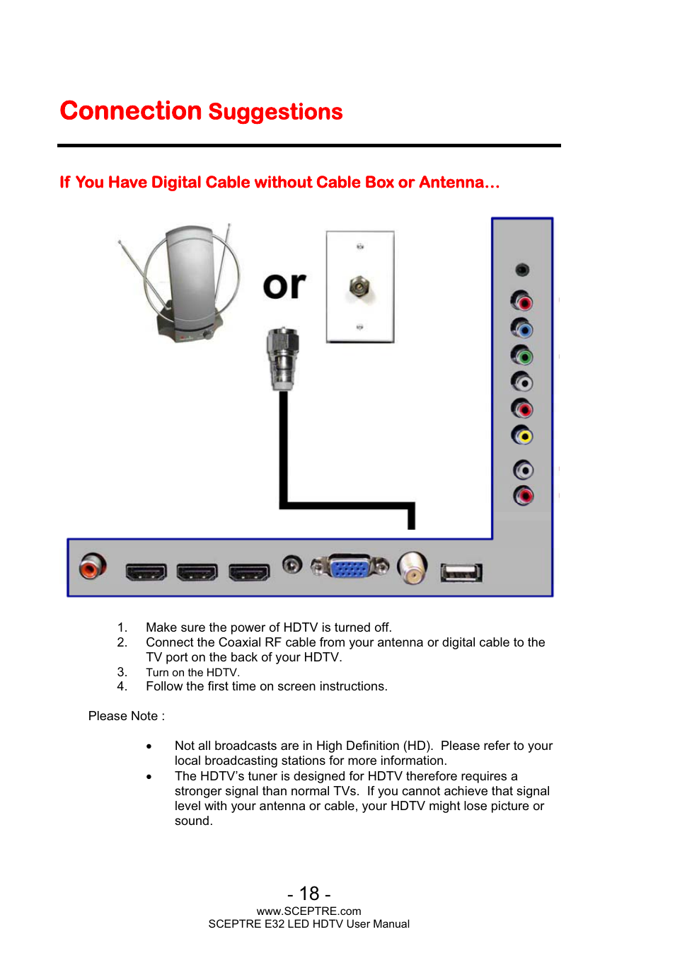 Connection, Suggestions | Sceptre E320BV-FHDD User Manual | Page 18 / 55