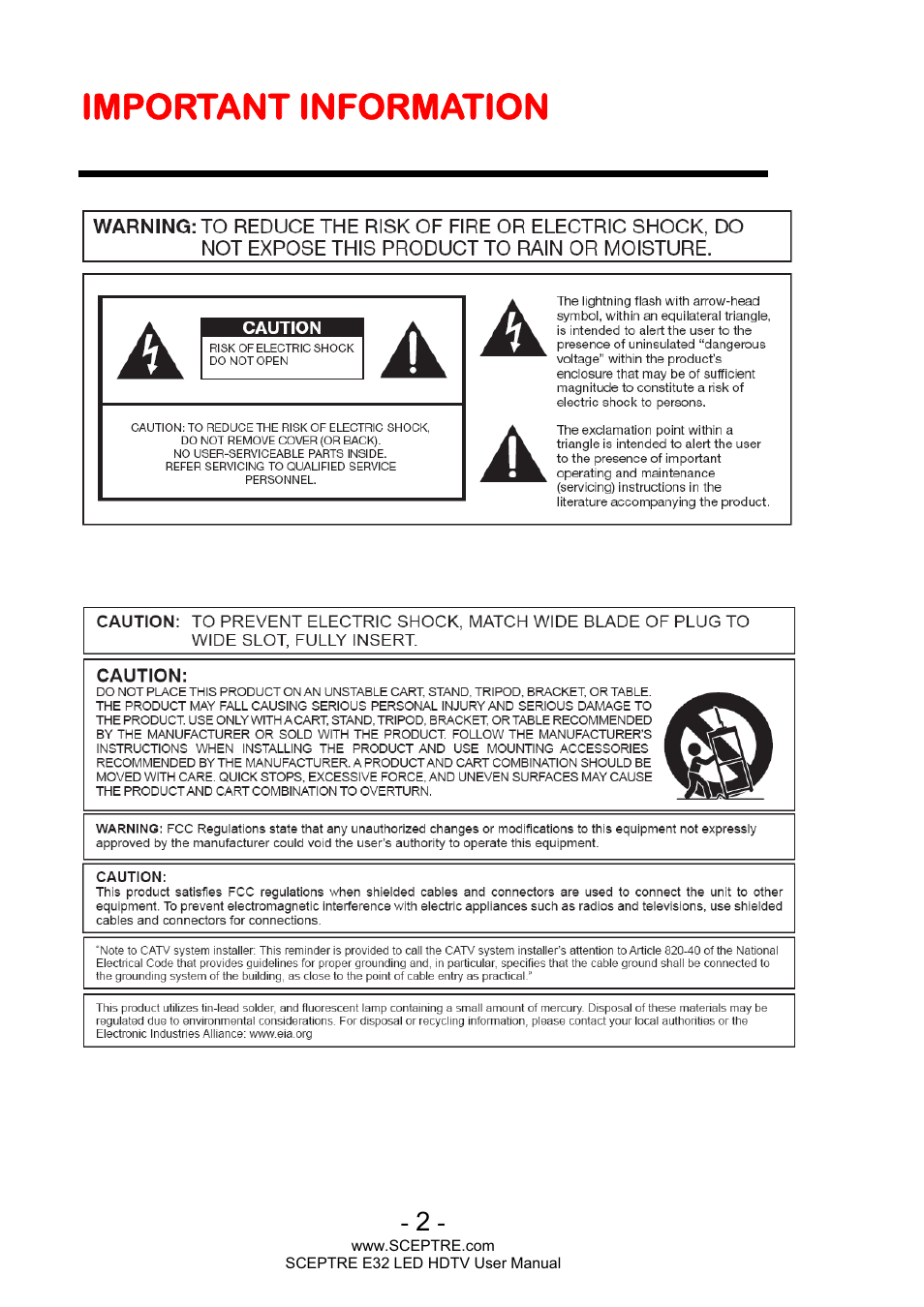 Important information | Sceptre E320BV-FHDD User Manual | Page 2 / 55