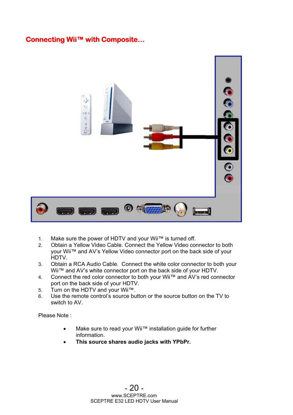 Connecting wii™ with composite | Sceptre E320BV-FHDD User Manual | Page 20 / 55