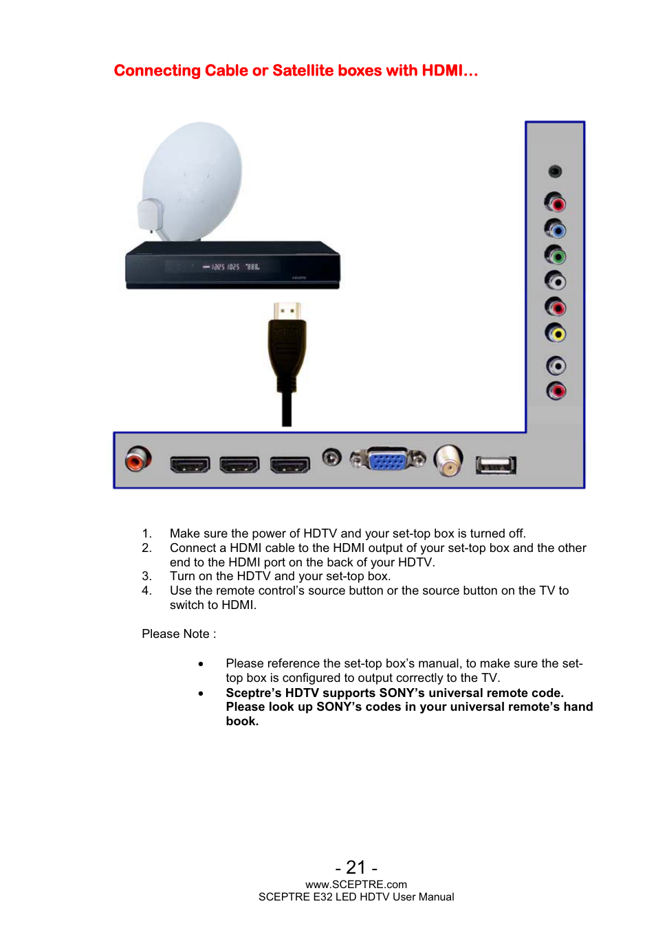Connecting cable or satellite boxes with hdmi | Sceptre E320BV-FHDD User Manual | Page 21 / 55
