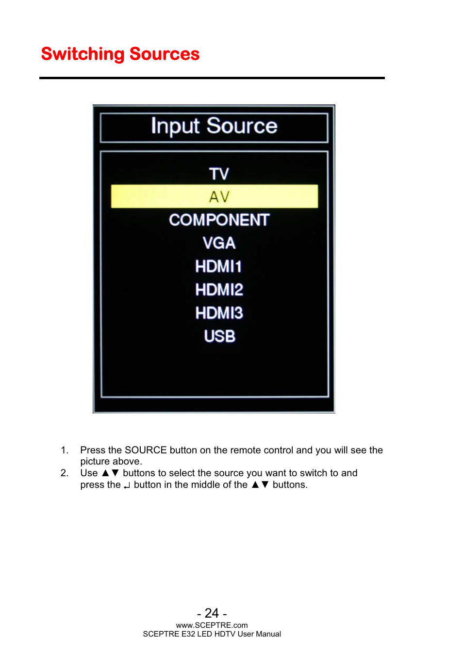 Switching sources | Sceptre E320BV-FHDD User Manual | Page 24 / 55