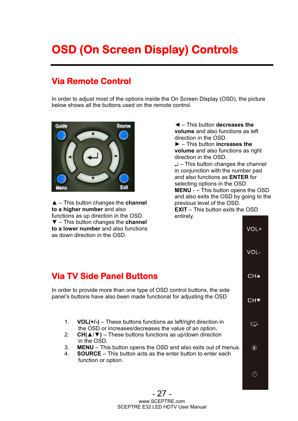 Osd (on screen display) controls, Via remote control, Via tv side panel buttons | Sceptre E320BV-FHDD User Manual | Page 27 / 55