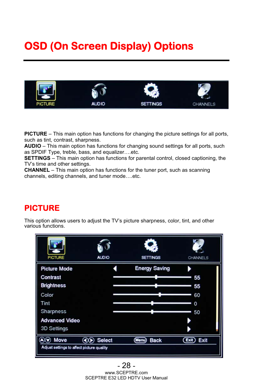 Osd (on screen display) options, Picture | Sceptre E320BV-FHDD User Manual | Page 28 / 55