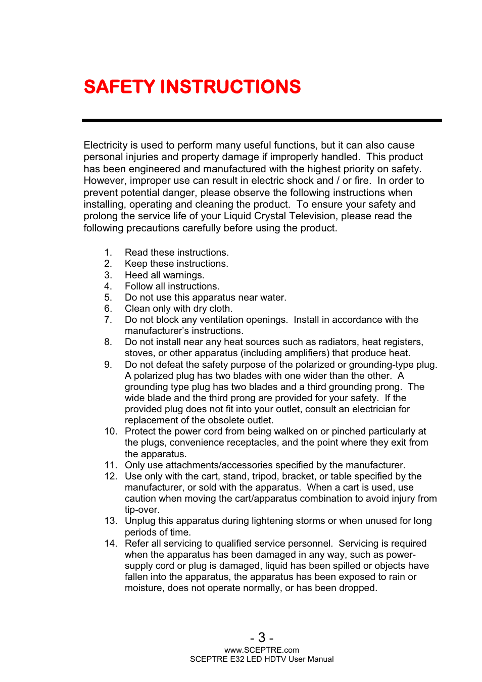 Safety instructions | Sceptre E320BV-FHDD User Manual | Page 3 / 55