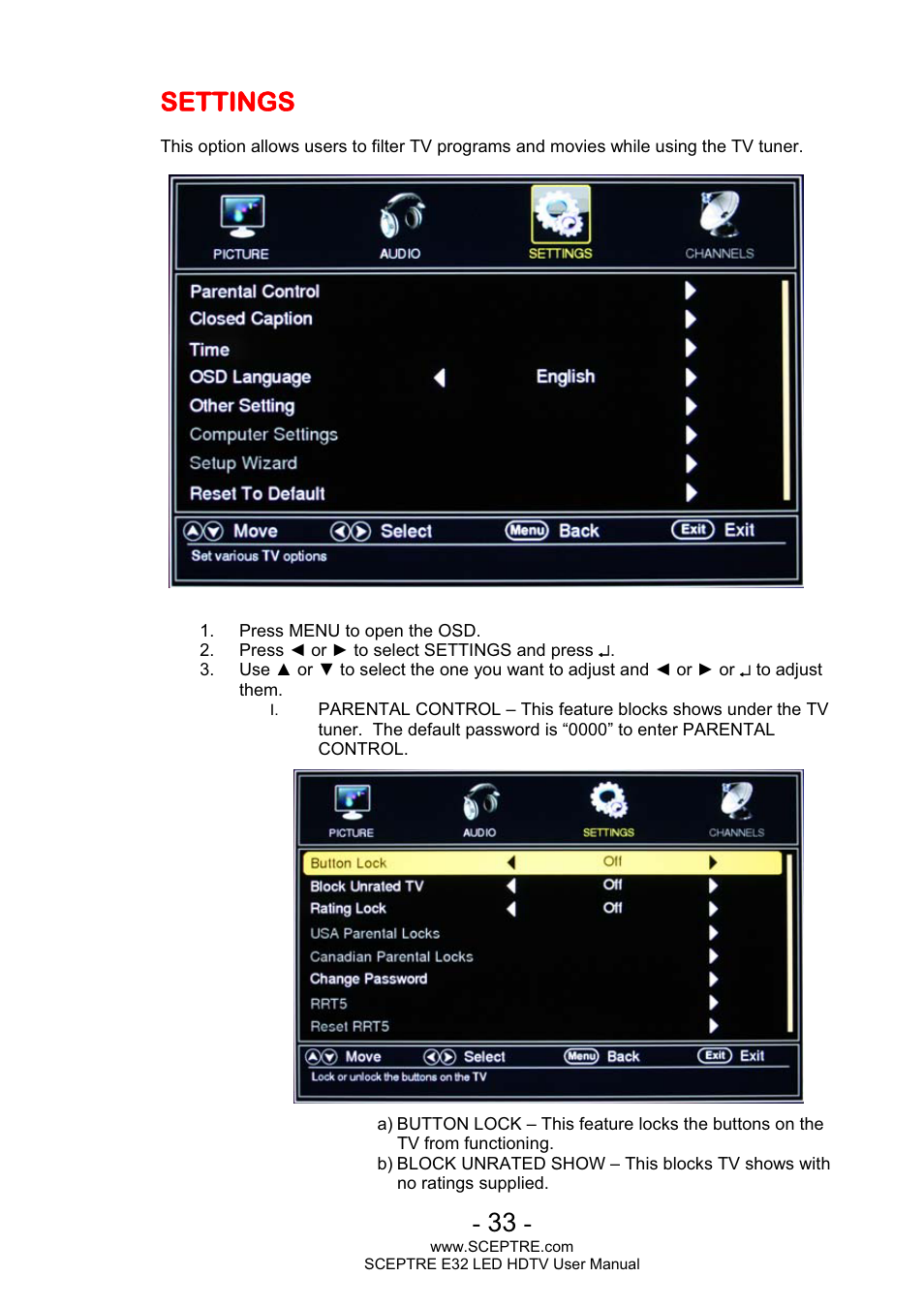 Settings | Sceptre E320BV-FHDD User Manual | Page 33 / 55