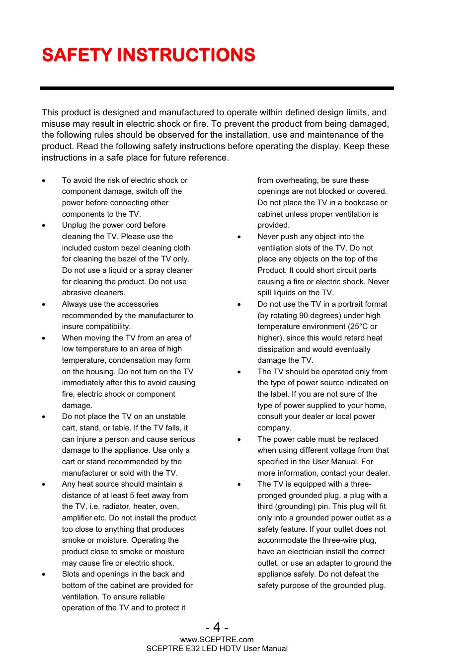 Safety instructions | Sceptre E320BV-FHDD User Manual | Page 4 / 55