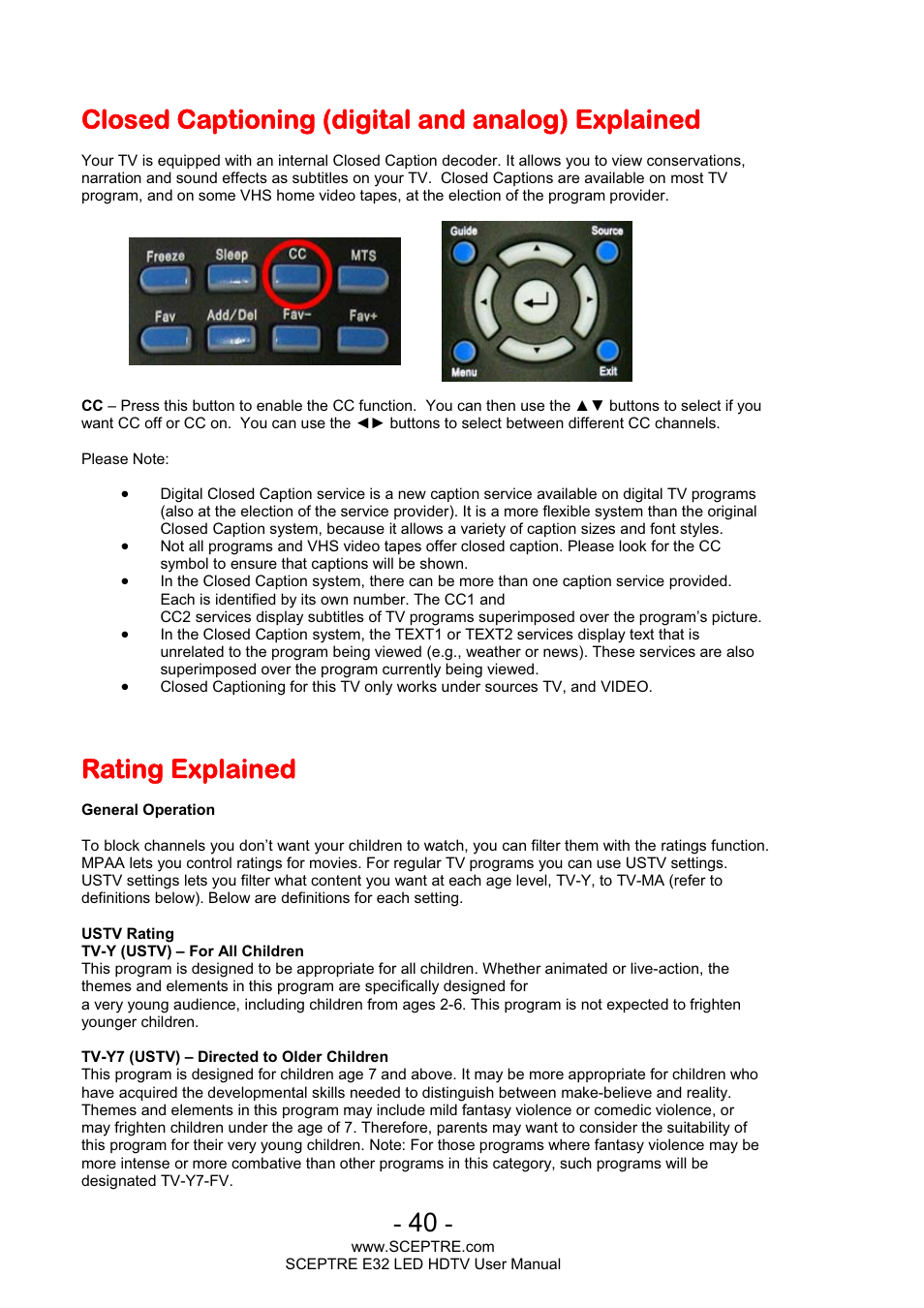 Closed captioning (digital and analog) explained, Rating explained | Sceptre E320BV-FHDD User Manual | Page 40 / 55