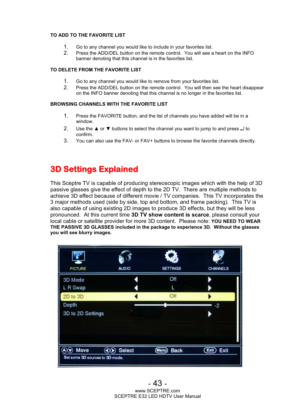 3d settings explained | Sceptre E320BV-FHDD User Manual | Page 43 / 55