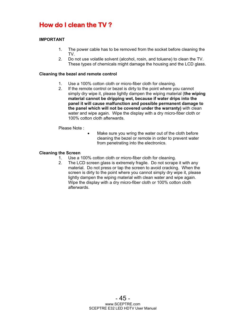 How do i clean the tv | Sceptre E320BV-FHDD User Manual | Page 45 / 55