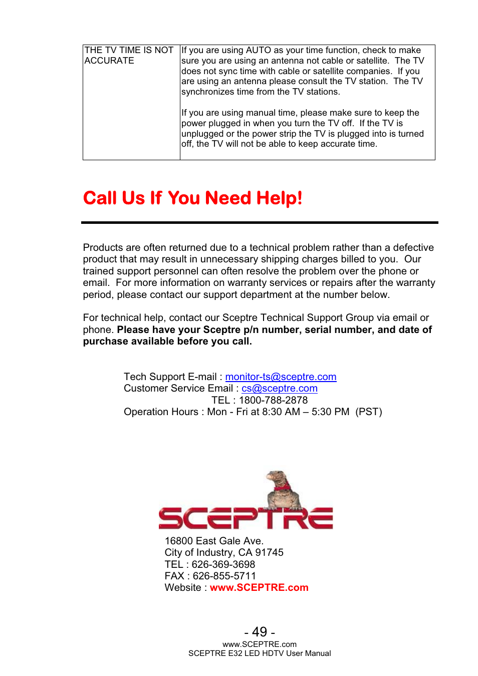 Call us if you need help | Sceptre E320BV-FHDD User Manual | Page 49 / 55