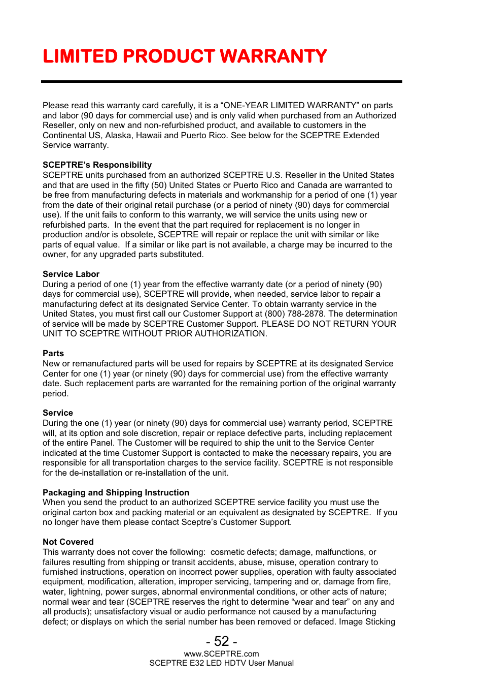 Limited product warranty | Sceptre E320BV-FHDD User Manual | Page 52 / 55