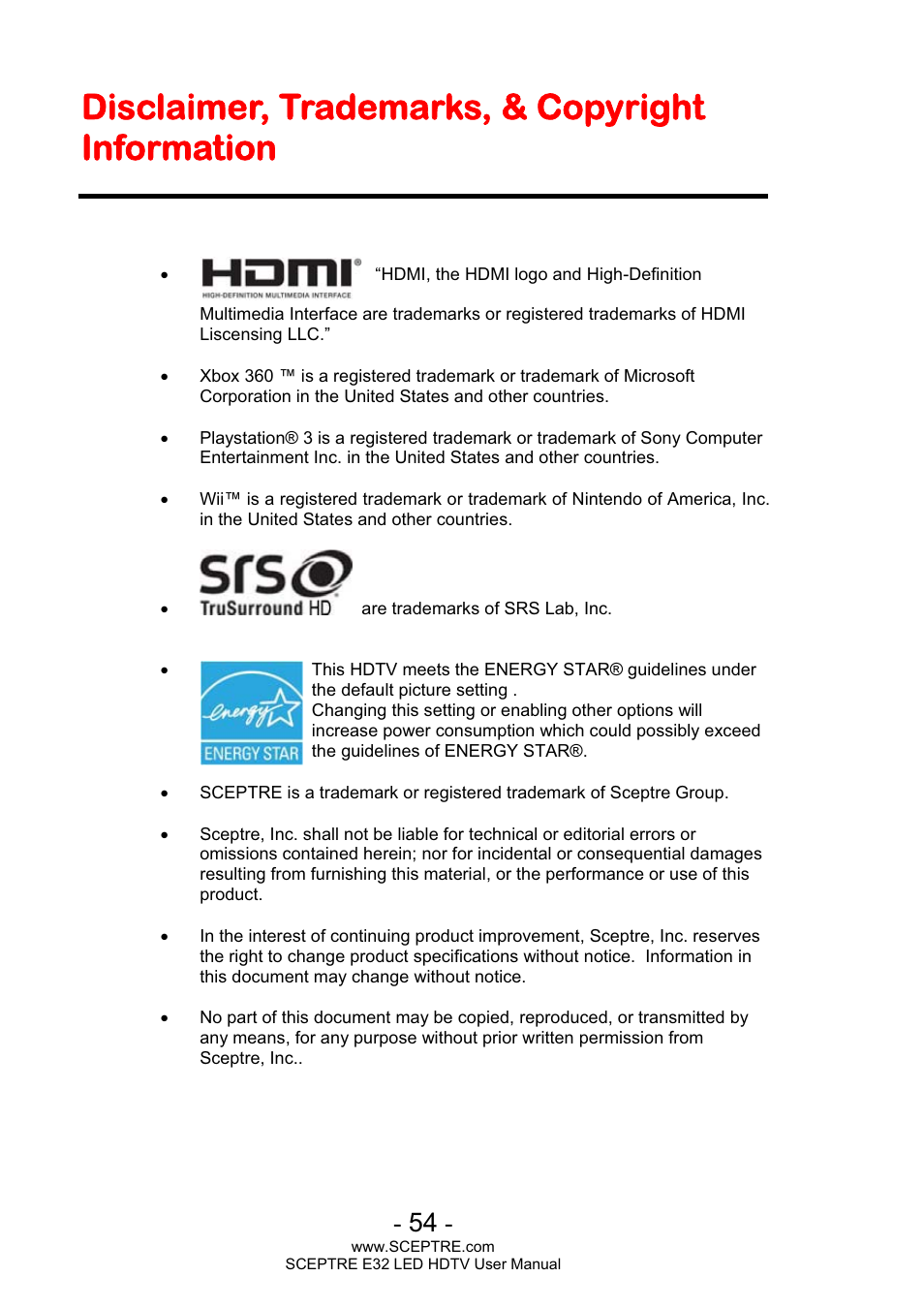 Disclaimer, trademarks, & copyright information | Sceptre E320BV-FHDD User Manual | Page 54 / 55