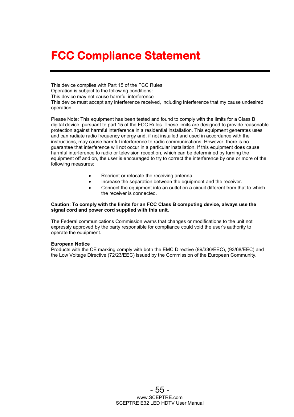 Fcc compliance statement | Sceptre E320BV-FHDD User Manual | Page 55 / 55