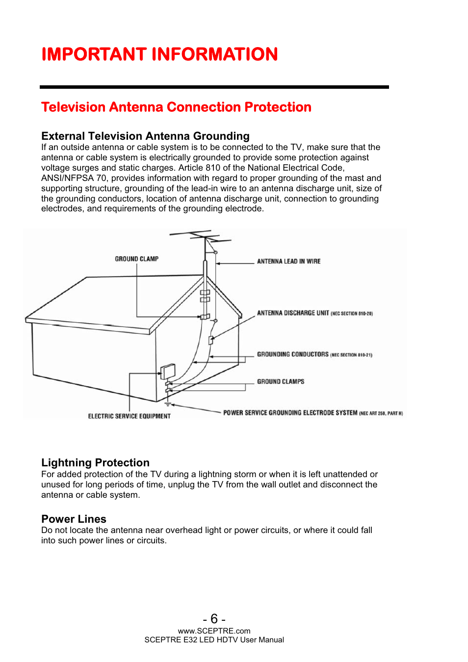 Important information, Television antenna connection protection | Sceptre E320BV-FHDD User Manual | Page 6 / 55