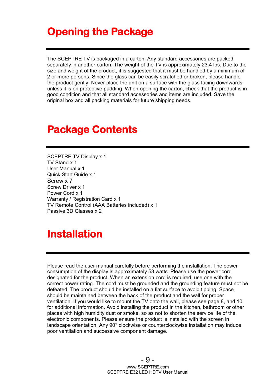Opening the package, Package contents, Installation | Sceptre E320BV-FHDD User Manual | Page 9 / 55