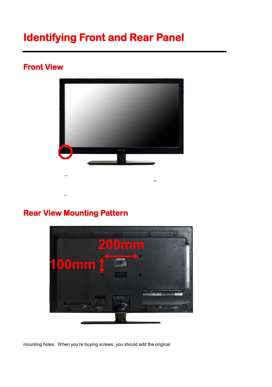 Identifying front and rear panel, Front view, Rear view mounting pattern | Sceptre E325-E328BV User Manual | Page 10 / 54