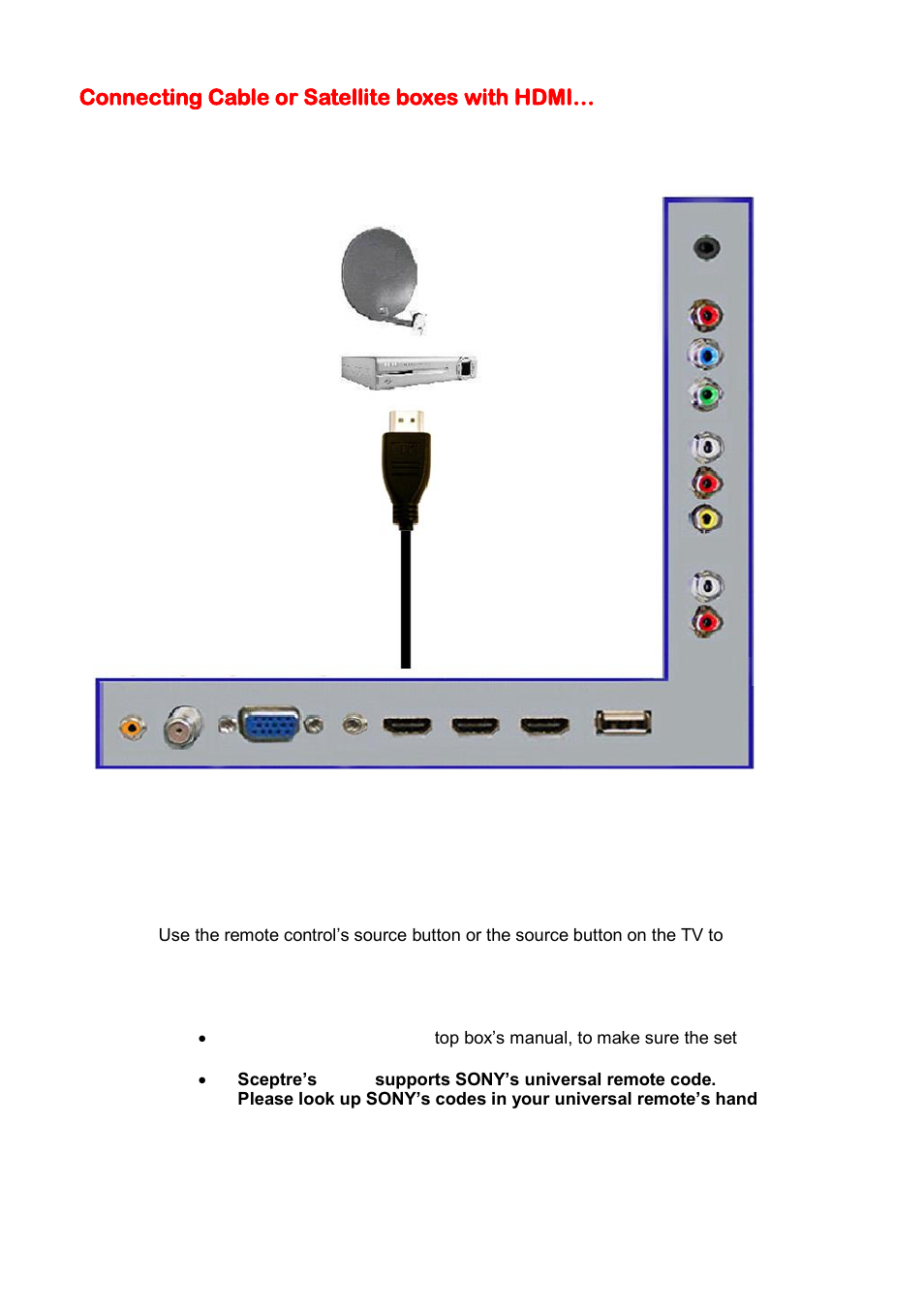 Connecting cable or satellite boxes with hdmi | Sceptre E325-E328BV User Manual | Page 20 / 54