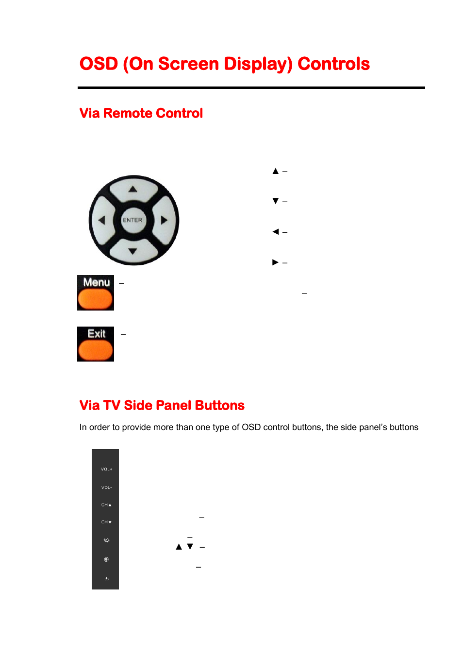 Osd (on screen display) controls, Via remote control, Via tv side panel buttons | Sceptre E325-E328BV User Manual | Page 25 / 54