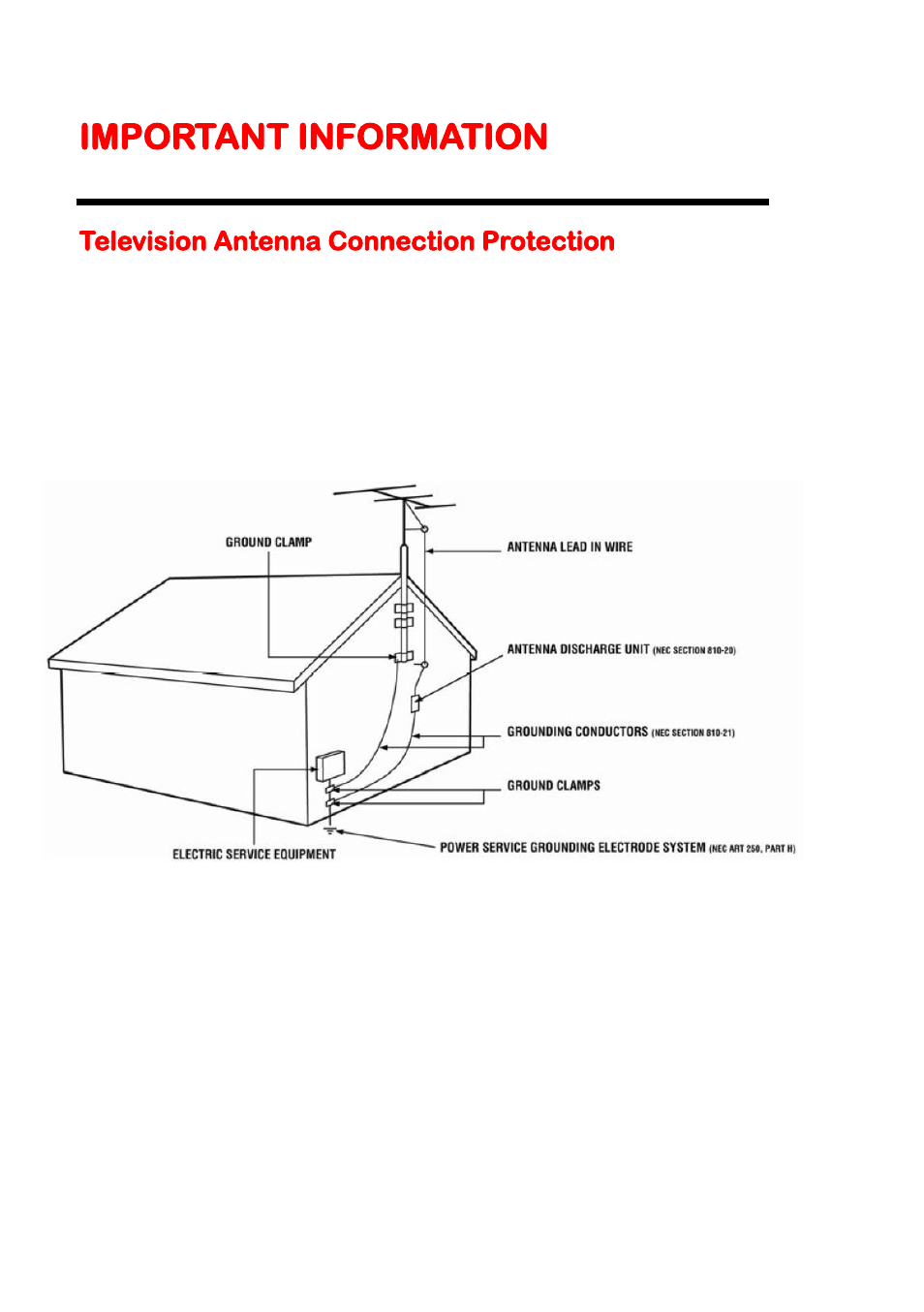 Important information, Television antenna connection protection | Sceptre E325-E328BV User Manual | Page 6 / 54