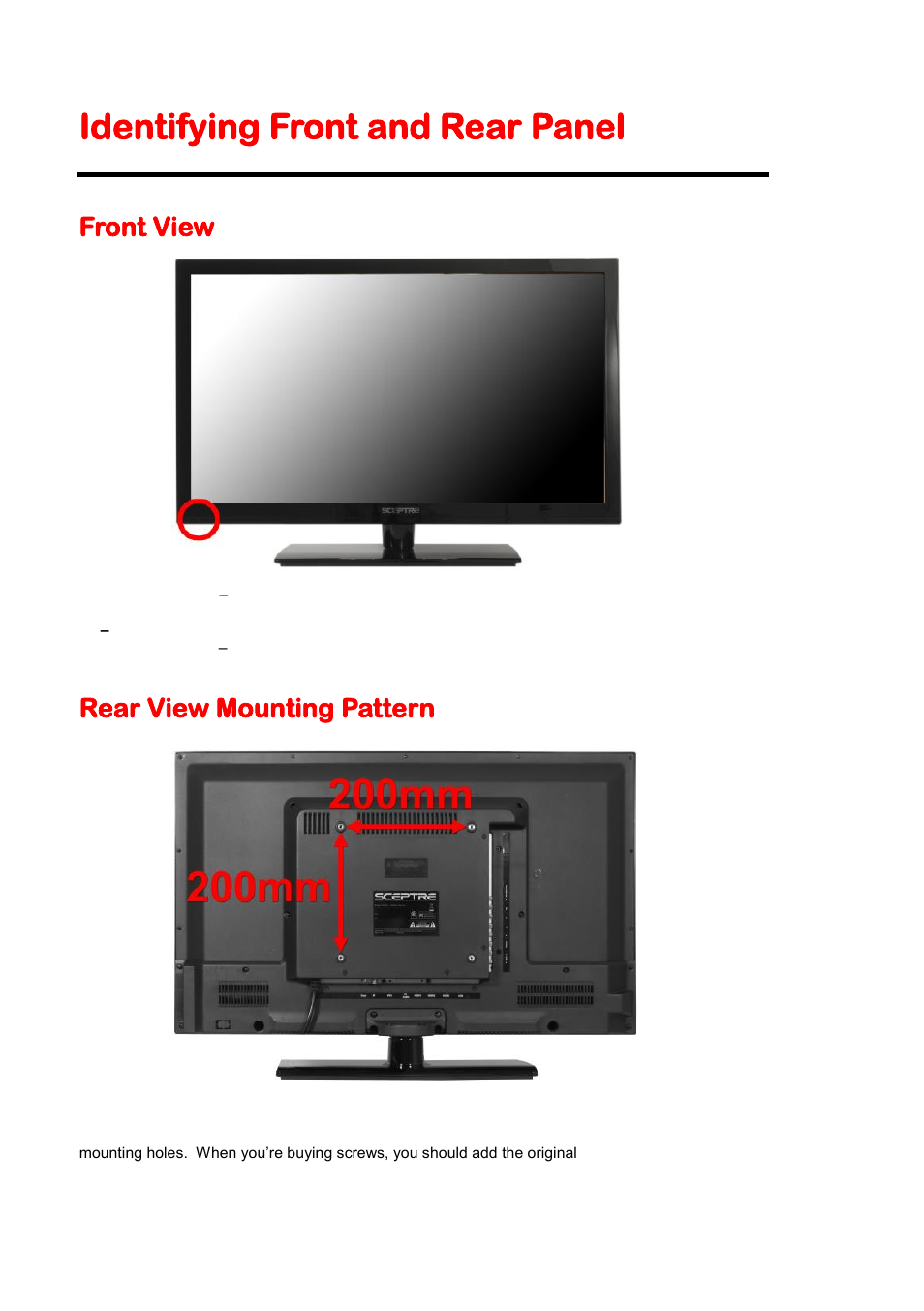 Identifying front and rear panel, Front view, Rear view mounting pattern | Sceptre E328BV-HDC User Manual | Page 10 / 52