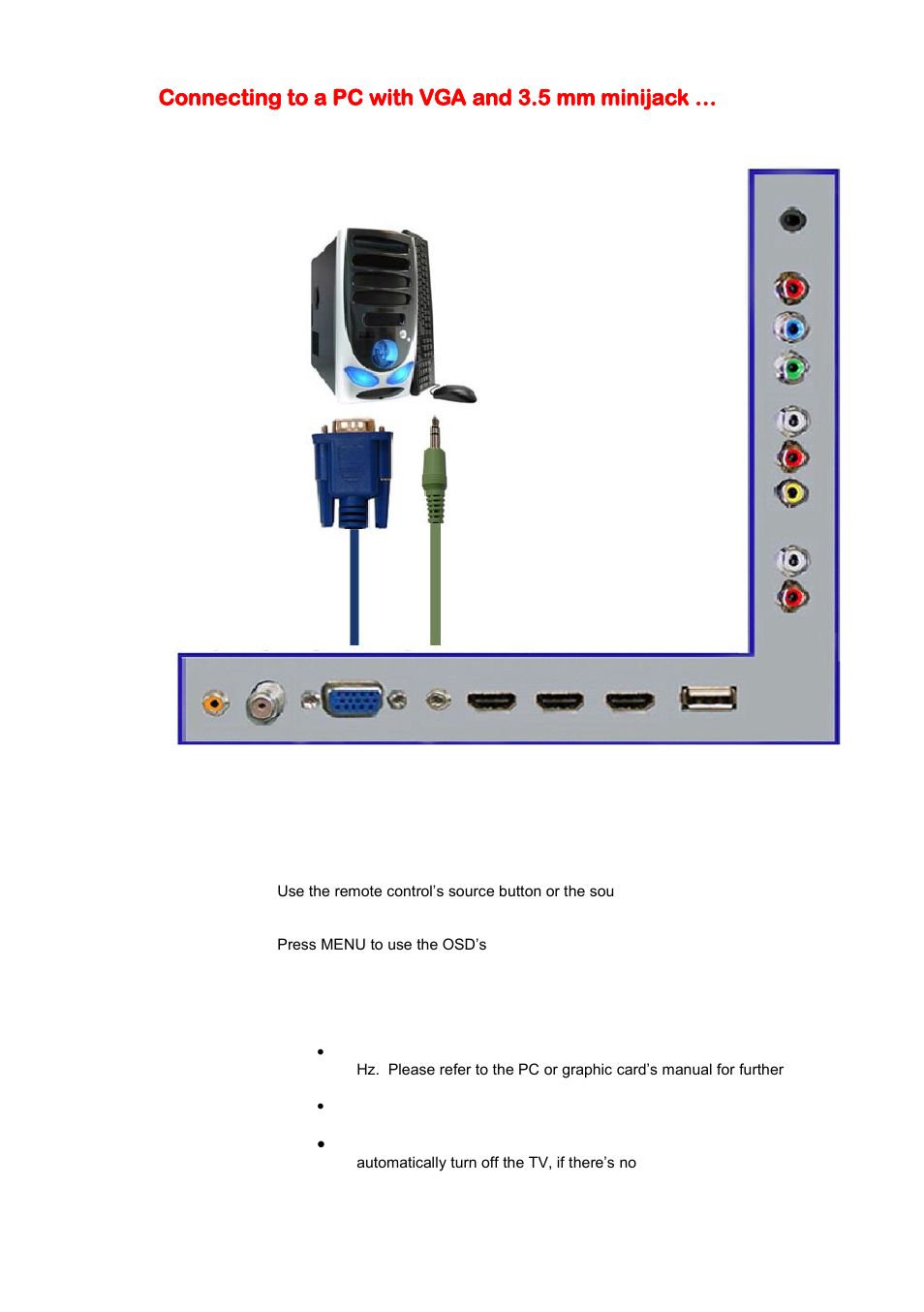 Connecting to a pc with vga and 3.5 mm minijack | Sceptre E328BV-HDC User Manual | Page 21 / 52