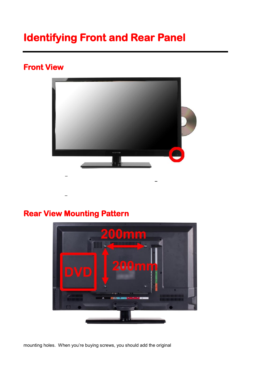 Identifying front and rear panel, Front view, Rear view mounting pattern | Sceptre E328BD-HDC User Manual | Page 10 / 59