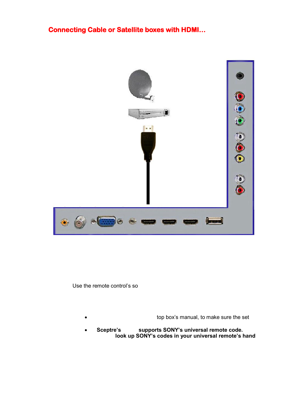 Connecting cable or satellite boxes with hdmi | Sceptre E328BD-HDC User Manual | Page 21 / 59