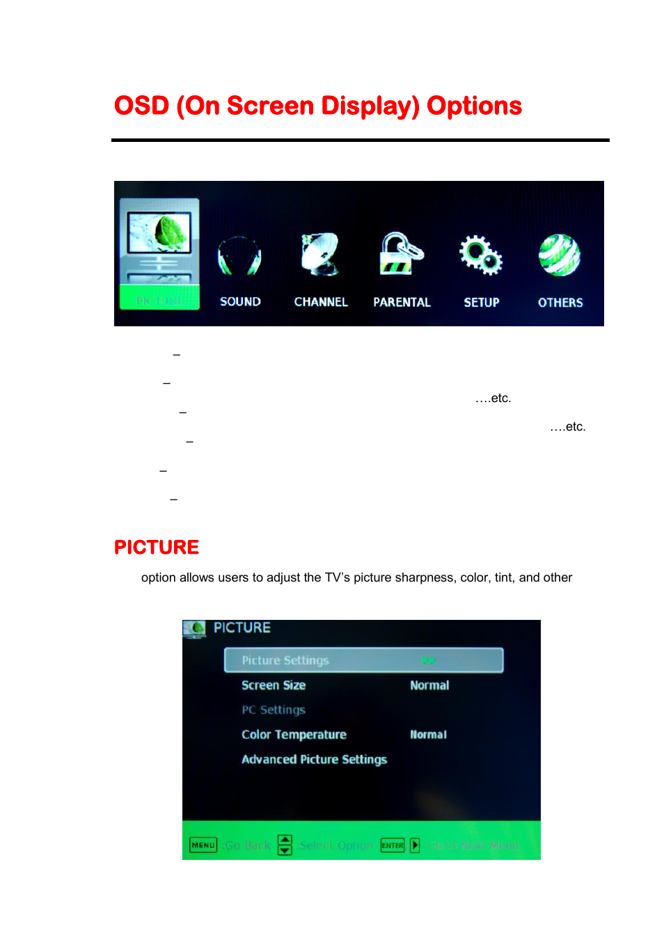 Osd (on screen display) options, Picture | Sceptre E328BD-HDC User Manual | Page 27 / 59