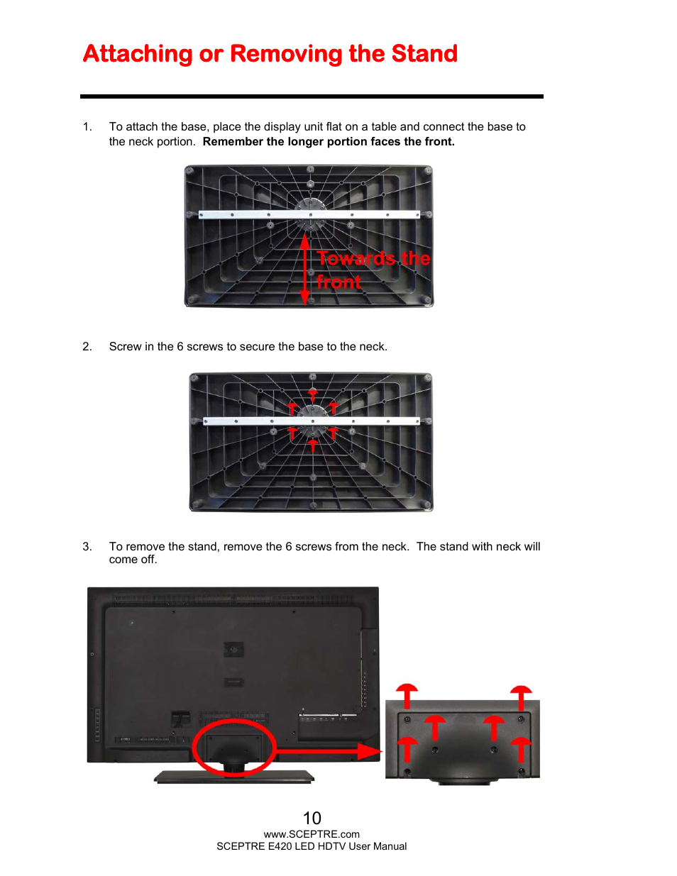 Attaching or removing the stand | Sceptre E425BV-FHDD User Manual | Page 10 / 56