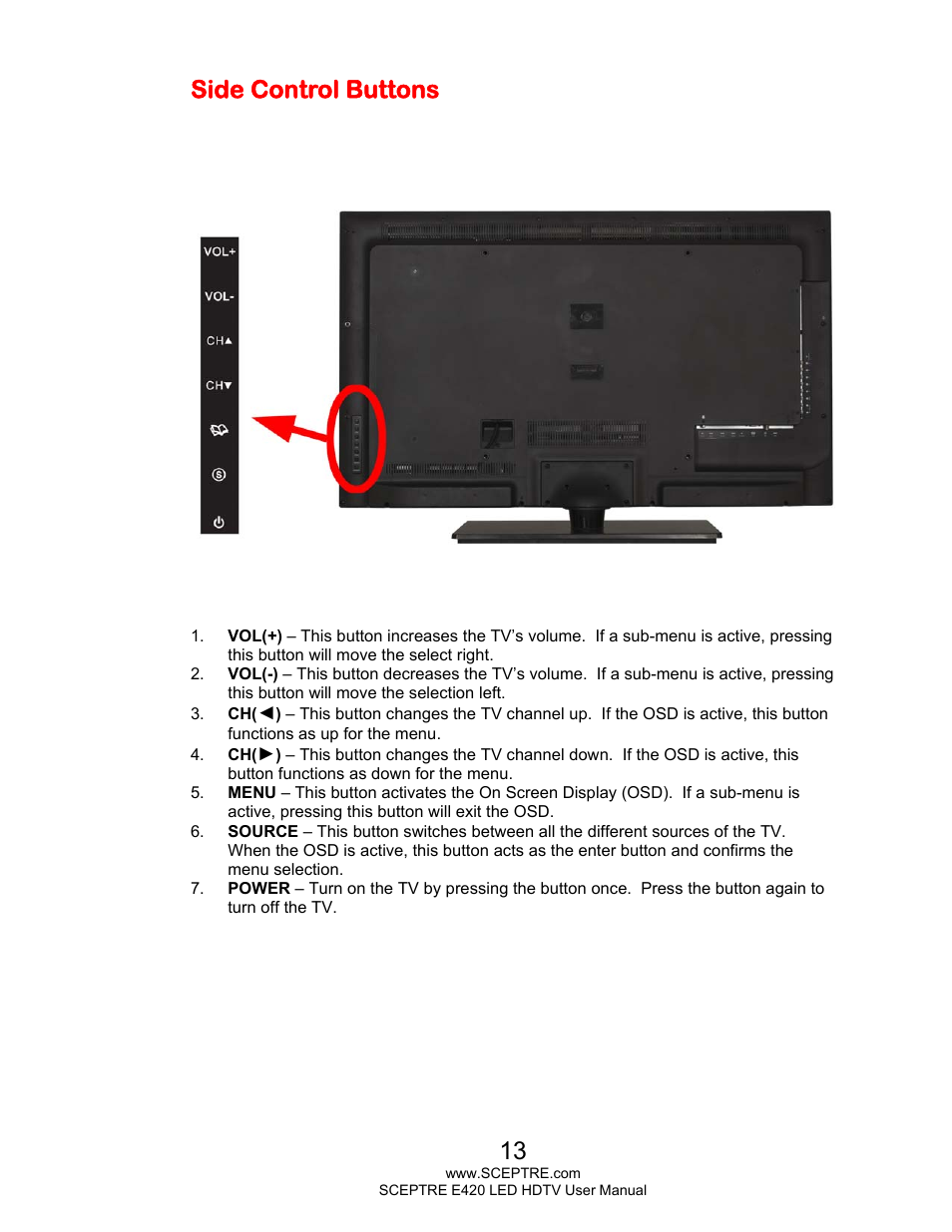 Side control buttons | Sceptre E425BV-FHDD User Manual | Page 13 / 56