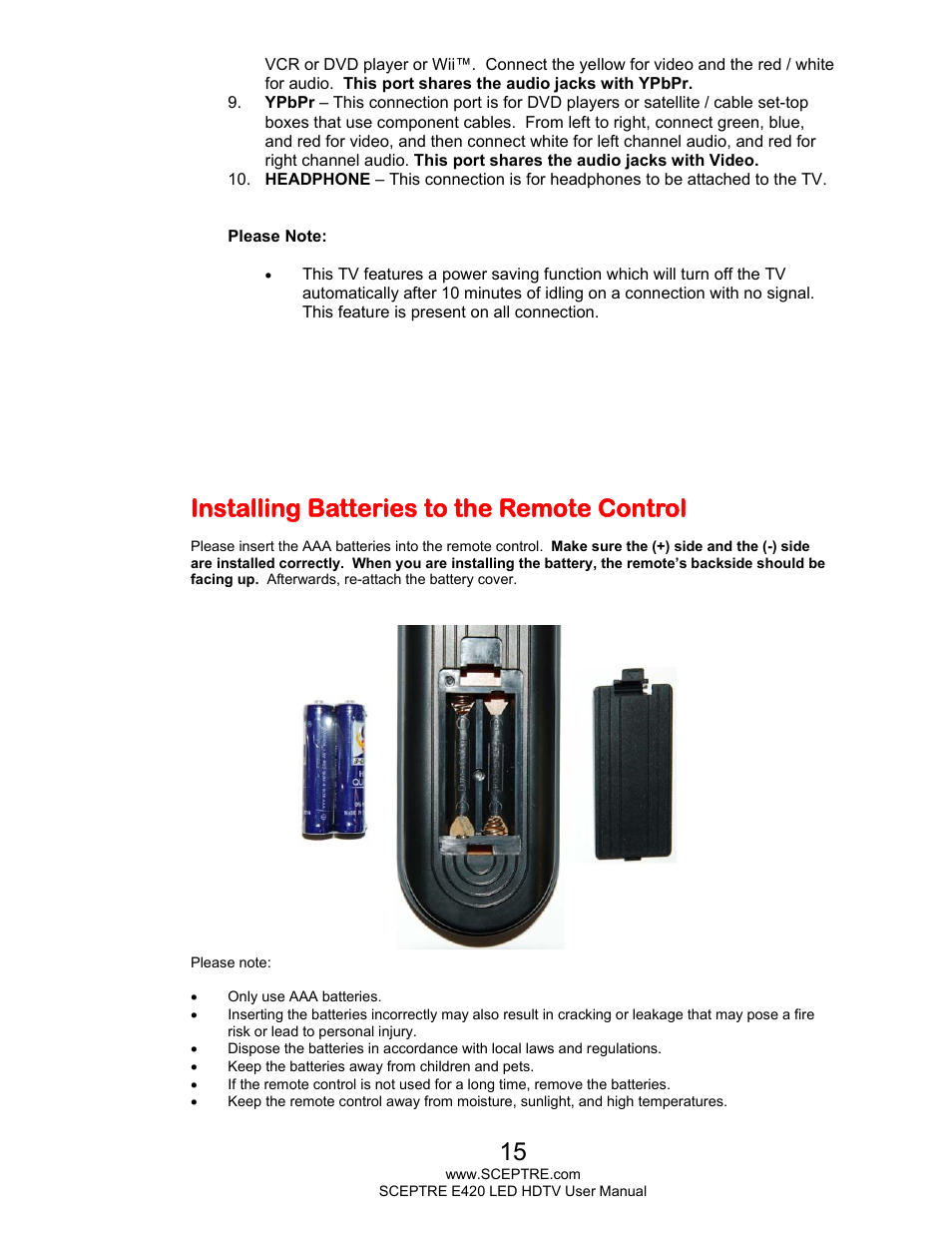 Installing batteries to the remote control | Sceptre E425BV-FHDD User Manual | Page 15 / 56