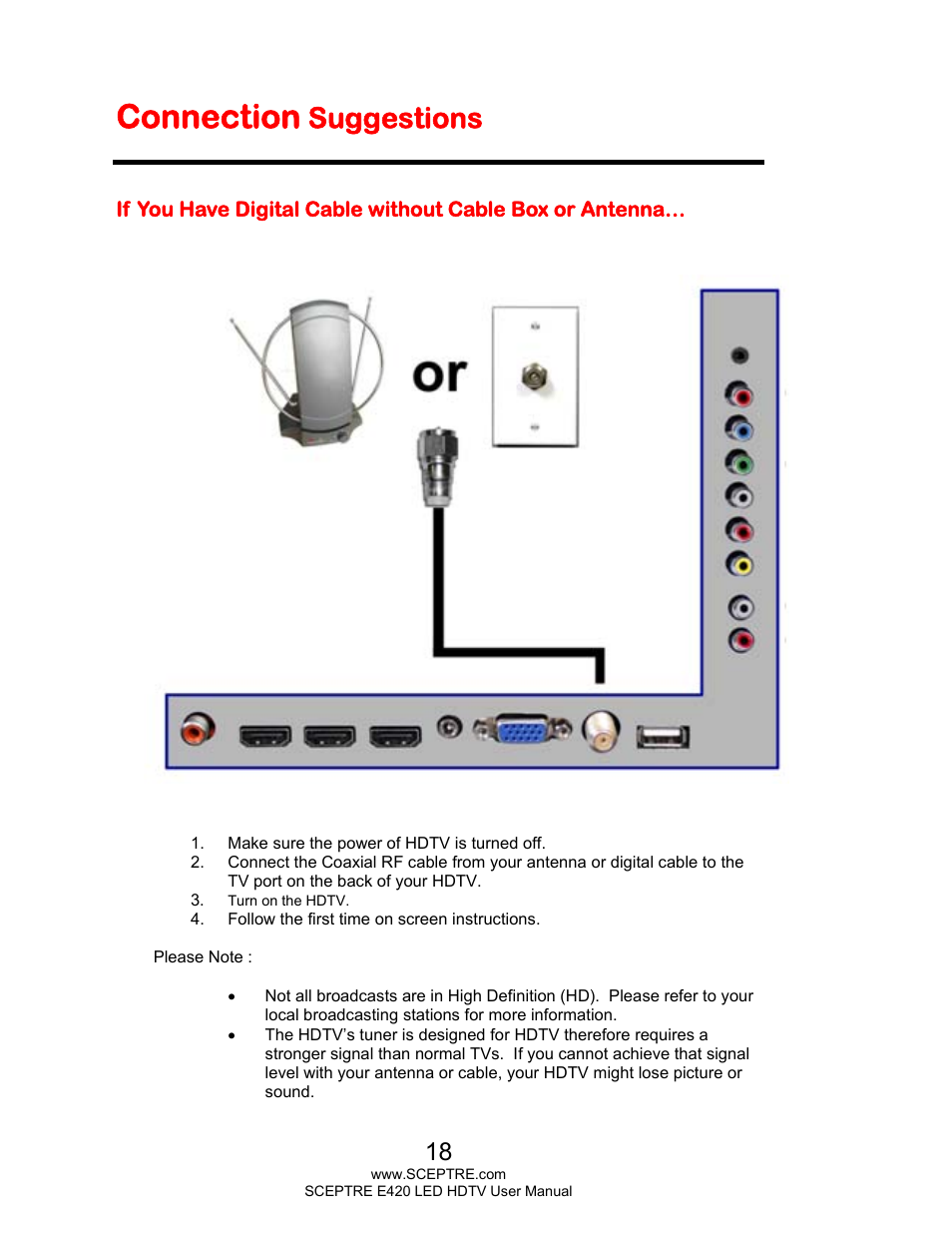 Connection, Suggestions | Sceptre E425BV-FHDD User Manual | Page 18 / 56