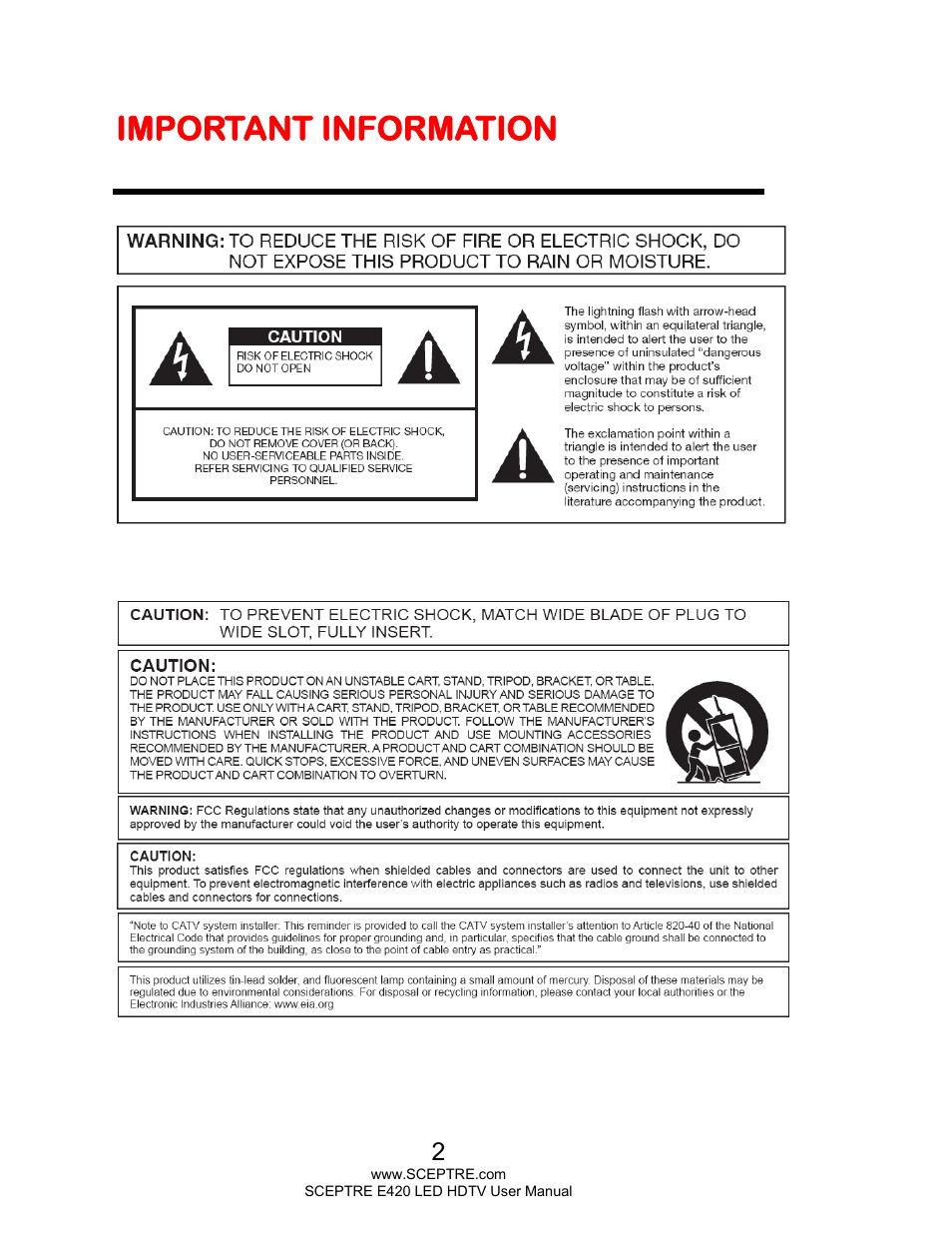 Important information | Sceptre E425BV-FHDD User Manual | Page 2 / 56